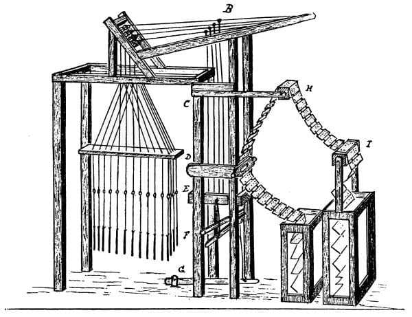 A black-and-white technical engraving of a multi-level industrial machine with chutes and hoppers